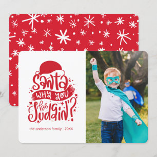 Festiva Santa. Graciosa tarjeta de fotos navideña de vacac