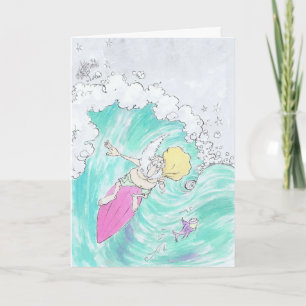 Festiva Santa que practica surf en una tarjeta de