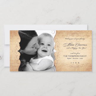 Festiva Script Swirls Vintage Sepia tarjeta de foto navide
