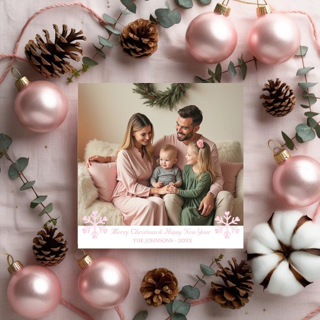 Festiva Sencilla nevada rosa con una foto tarjeta de vacac (Simple Pink Snowflakes one photo Holiday Card)