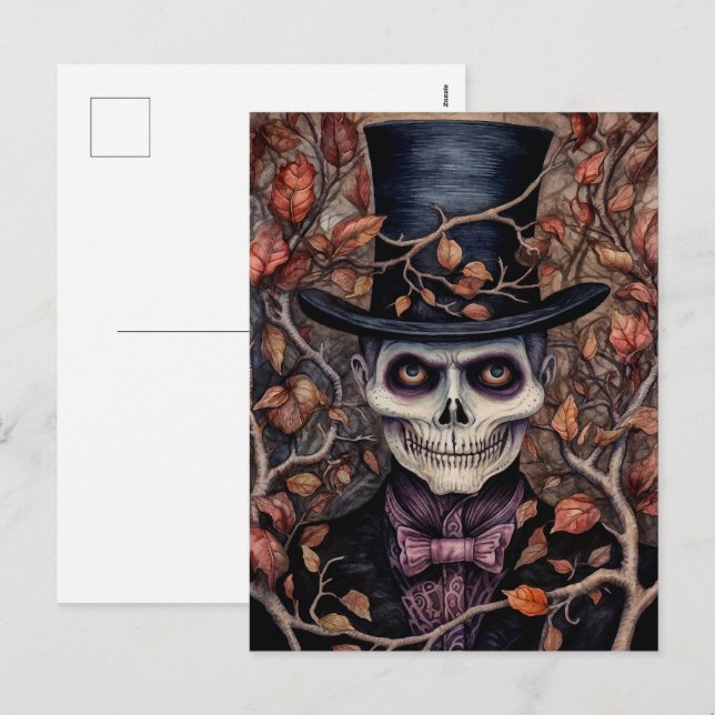 Festiva Skeleton en la postal estilo Halloween (Anverso / Reverso)