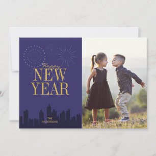 Festiva Skyline moderna - Tarjeta fotográfica de Año Nuevo