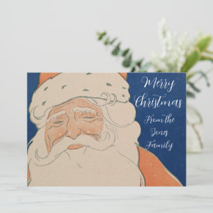 Festiva Tarjeta antigua de Papá Noel de rojo sobre azul