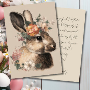 Festiva Tarjeta antigua de Pascua con flores y conejito de