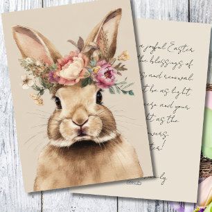 Festiva Tarjeta antigua de Pascua con flores y conejo de P