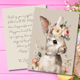 Festiva Tarjeta antigua de Pascua con flores y conejo de P