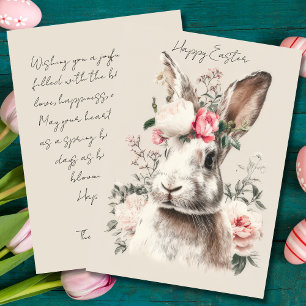 Festiva Tarjeta antigua de Pascua con flores y conejo de P