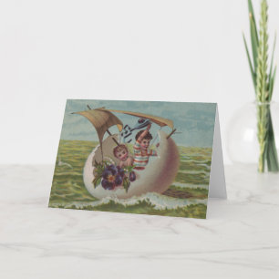Festiva Tarjeta antigua de Pascua Niños de huevo navegando