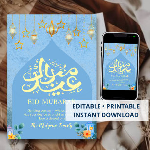 Festiva Tarjeta azul de acuarela celestial Eid Mubarak