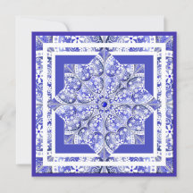 Tarjeta blanca de encaje cerámico azul de Grecia