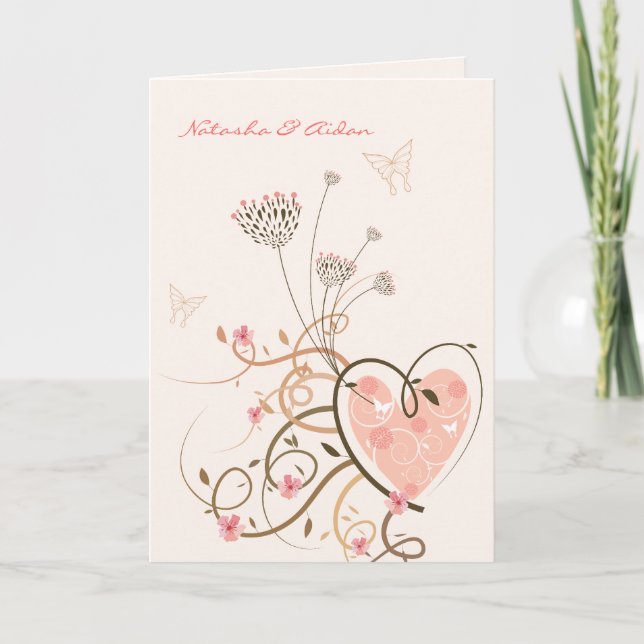 Festiva Tarjeta Boda de Swirls Pink Sweet Heart & Butterfl (Anverso)