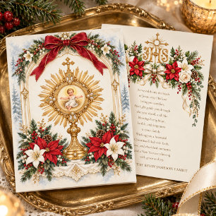 Festiva Tarjeta católica vintage del Niño Jesús Eucaristía