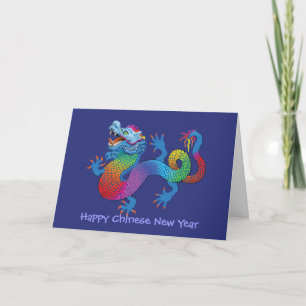 Festiva Tarjeta china de Año Nuevo con colorido dragón azu