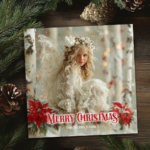 Festiva Tarjeta clásica de ángel rojo poinsettia vintage e