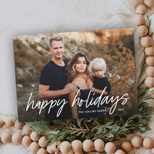 Festiva Tarjeta con letra a mano simple 2 Foto (Simple hand lettered 2 photo holiday card.)