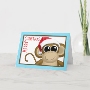 Festiva Tarjeta Cute Santa Hat Monkey Aqua "Feliz Navidad"