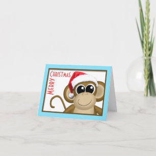 Festiva Tarjeta Cute Santa Hat Monkey Aqua "Feliz Navidad"