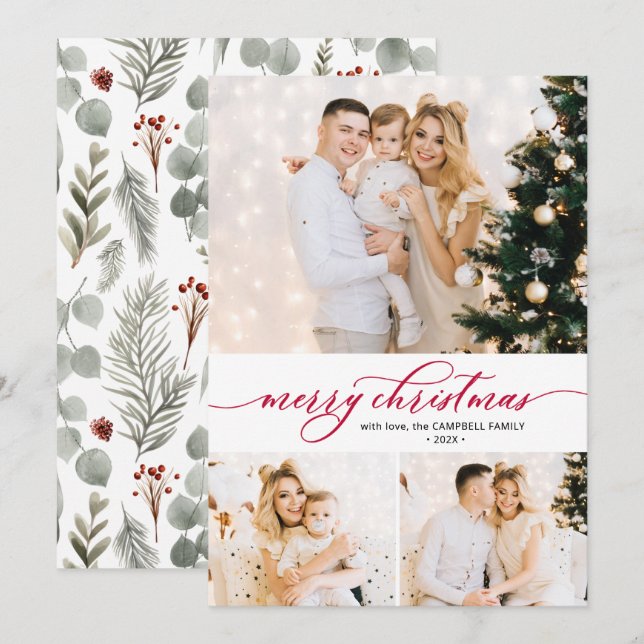 Festiva Tarjeta de 3 Navidades de Collage de fotos con cód (Anverso / Reverso)