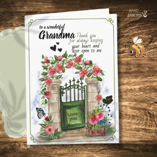 Festiva Tarjeta de abuela jardín de cottage acuarela