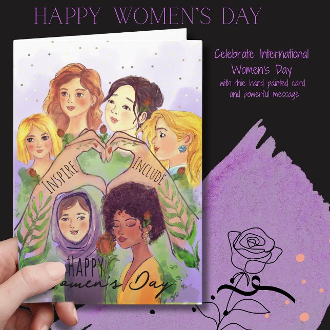 Festiva Tarjeta de acuarela púrpura del Día de la Mujer |  (Women's Day Purple Watercolor Card  Give to Gain)