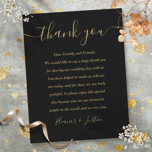 Festiva Tarjeta de agradecimiento para recepción de gala e (Black And Gold Reception Thank You Place Card)