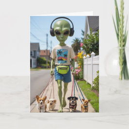 Festiva Tarjeta de Alien Paseando al Perro
