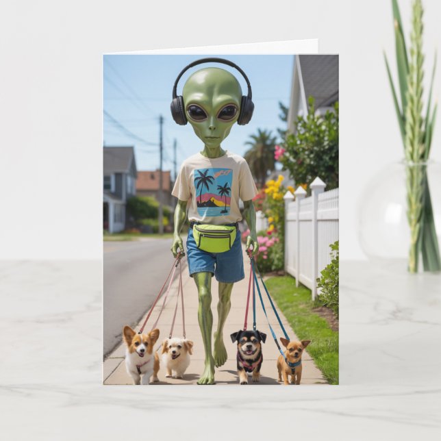 Festiva Tarjeta de Alien Paseando al Perro (Anverso)