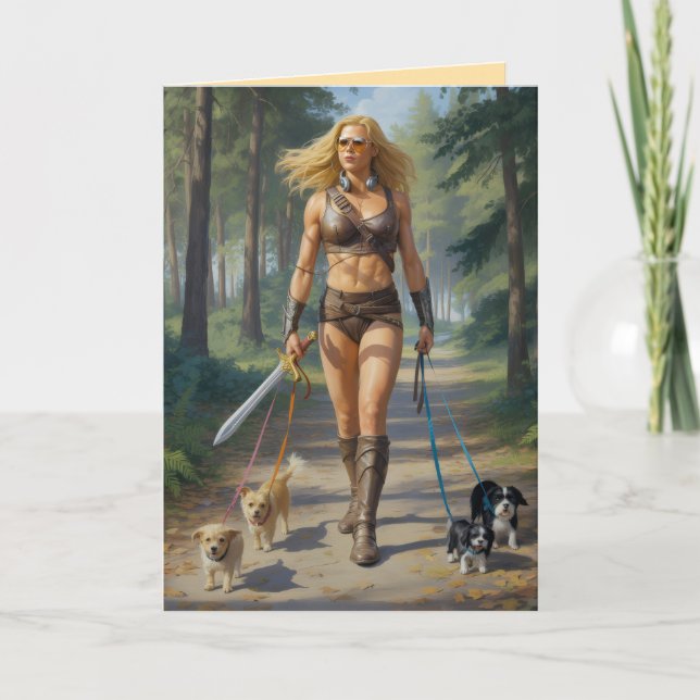 Festiva Tarjeta de Amazon Warrior Paseando al Perro (Anverso)