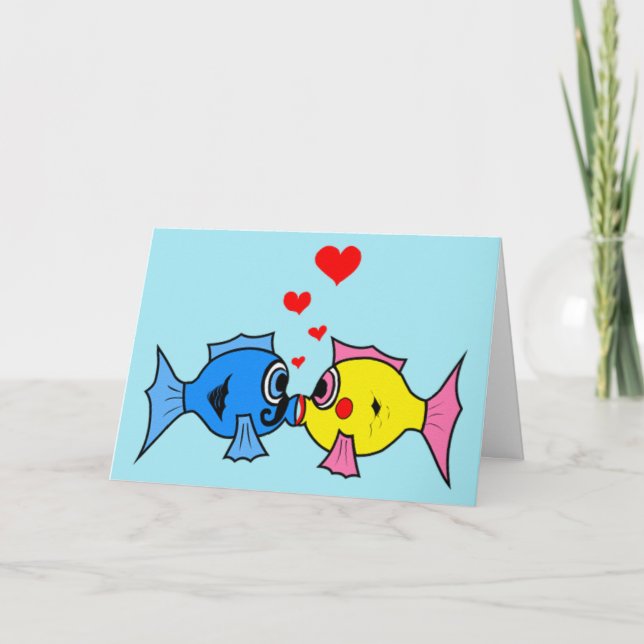 Festiva Tarjeta de amor para San Valentín besando peces (Anverso)
