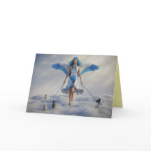 Tarjeta de ángel paseando al perro