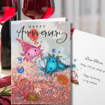 Tarjeta de aniversario de ajolote con acuarela cap