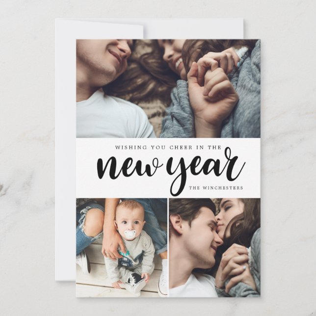 Festiva Tarjeta de Año Nuevo Cheque Tres Collages de fotos (Anverso)