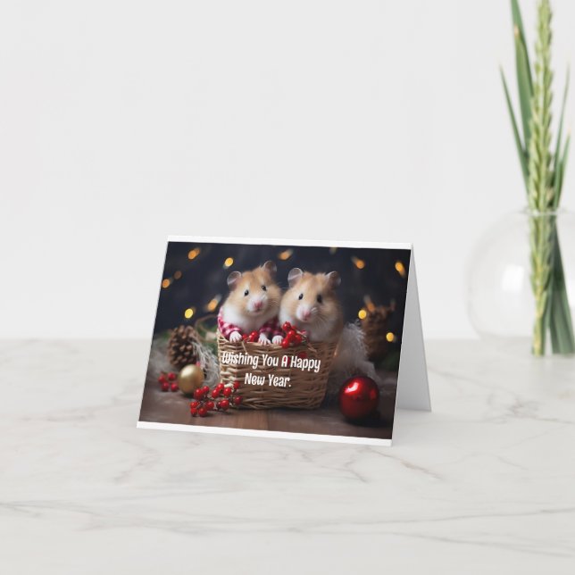 Festiva Tarjeta de Año Nuevo de dos hámsters (Anverso)