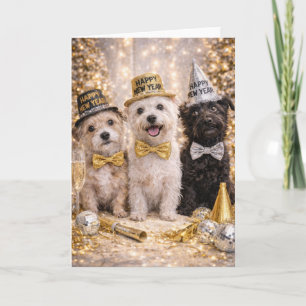 Festiva Tarjeta de Año Nuevo de Perro de Raza Mixta Feliz