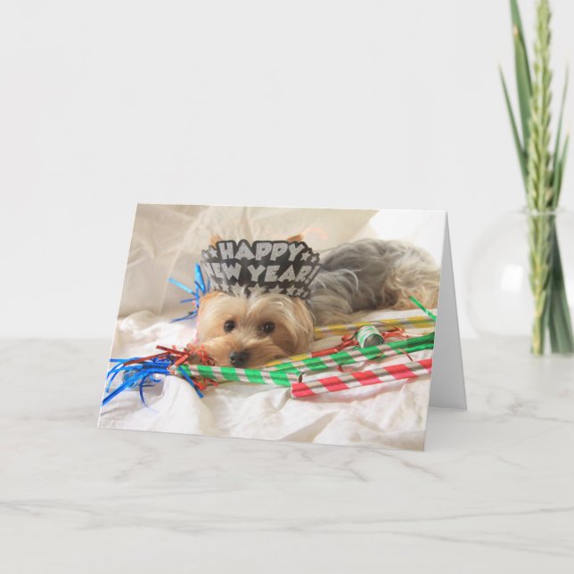 Festiva Tarjeta de Año Nuevo de Yorkie (Anverso)