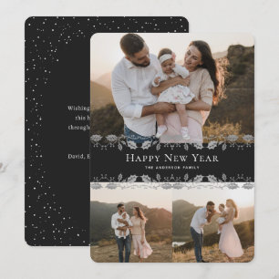 Festiva Tarjeta de Año Nuevo elegante en negro y plata con