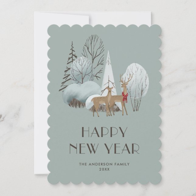 Festiva Tarjeta de Año Nuevo Feliz para el Bosque de Nieve (Anverso)