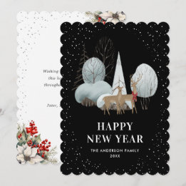 Festiva Tarjeta de Año Nuevo Negra Bosque Nevado Reno