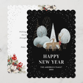 Festiva Tarjeta de Año Nuevo Negra Bosque Nevado Reno