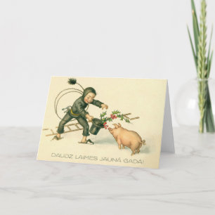 Festiva Tarjeta de Año Nuevo Retro Letona de Cerdo y Desho
