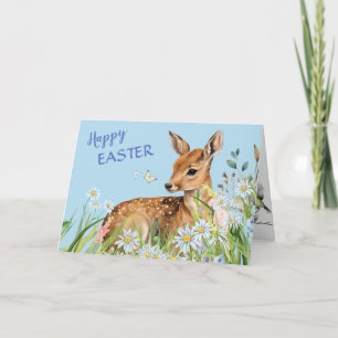 Festiva Tarjeta de Bendición de Pascua Deer Fawn y Daisies