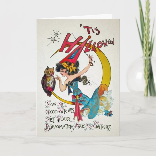 Festiva Tarjeta de bruja y lechuza Retro Halloween (Anverso)