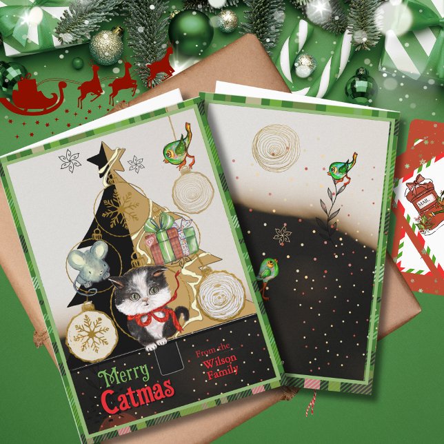 Festiva Tarjeta de Catmas de Cuadro Verde con Árbol Dividi (Green Plaid Split-Tree Catmas Card  Cute Kitten )