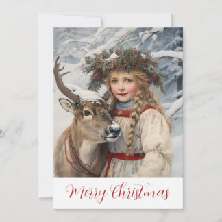 Festiva Tarjeta de Chica de época y Navidades de renos