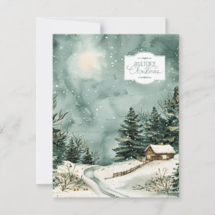Festiva Tarjeta de Cottage y Árboles Nevados al Acuarela