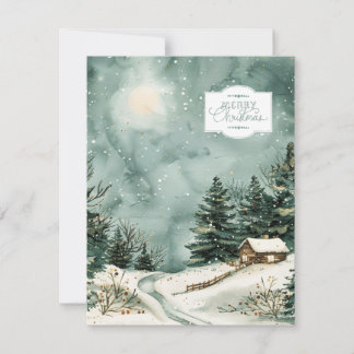 Festiva Tarjeta de Cottage y Árboles Nevados al Acuarela