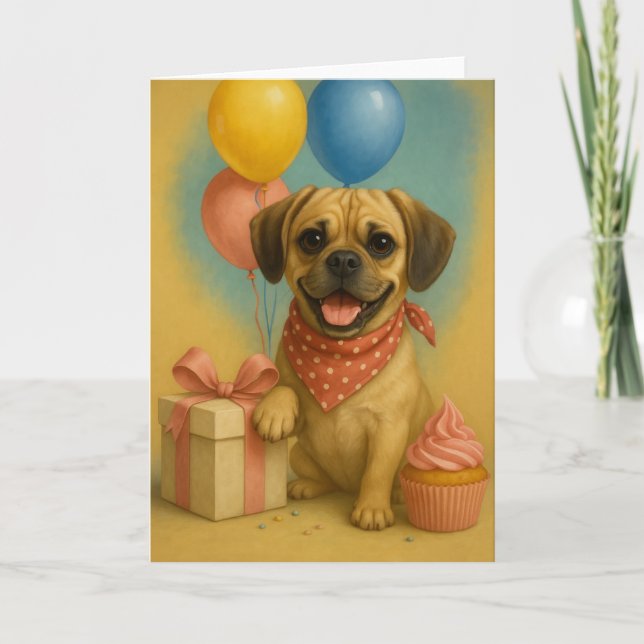 Festiva Tarjeta de cumpleaños adorable Puggle (Anverso)