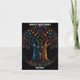 Festiva Tarjeta de cumpleaños con árbol a todo color Invit
