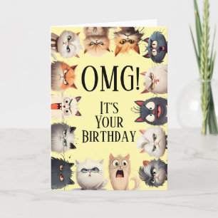 Festiva Tarjeta de cumpleaños con caras de gato divertidas