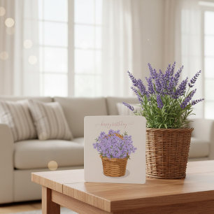 Festiva Tarjeta de Cumpleaños con Cesta de Lavanda Dibujad